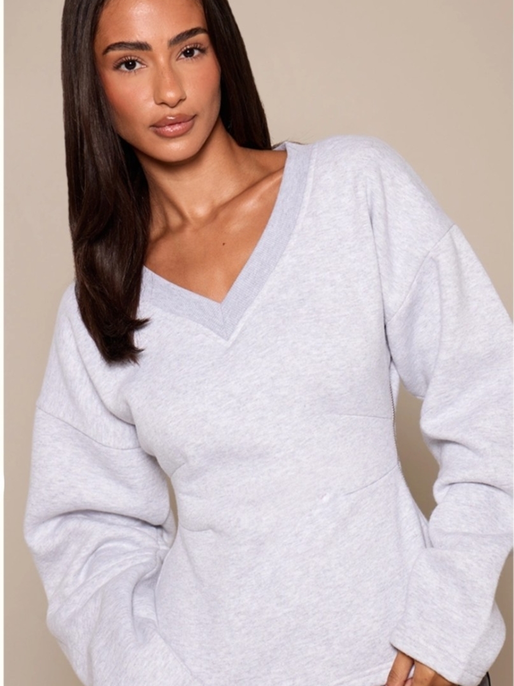 NWT PLT Petite Ash Grey V Neck Cinched Waist Sweatshirt With Side Zip Detail